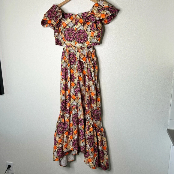 Autumn Adeigbo Cut Out Midi Chioma Ruffle Dress in Orange Base African Floral - Picture 11 of 11